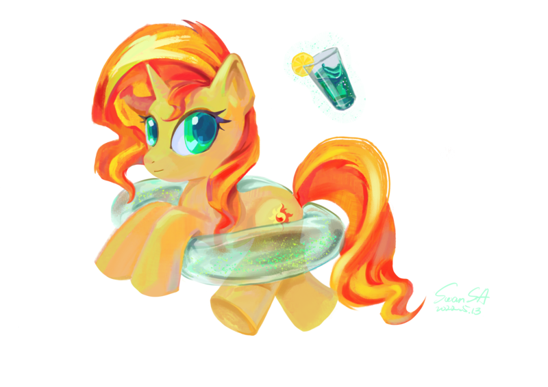 Size: 3508x2480 | Tagged: safe, derpibooru import, sunset shimmer, pony, unicorn, drink, female, image, inflatable, png, simple background, solo, solo female, transparent background