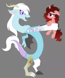 Size: 3000x3600 | Tagged: safe, artist:feather_bloom, derpibooru import, oc, oc:featherbloom, oc:paige scribble(kaitykat), draconequus, pony, unicorn, holding a pony, holding up, image, png, simple background, species swap