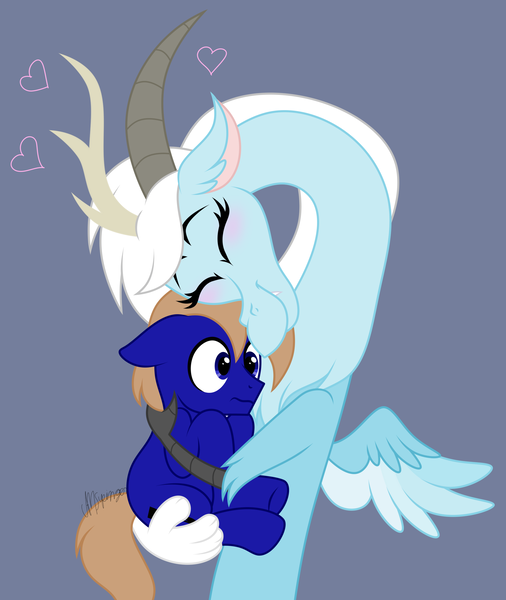 Size: 2274x2696 | Tagged: safe, artist:feather_bloom, derpibooru import, oc, oc:blueskies, oc:featherbloom, draconequus, earth pony, pony, blushing, couple, heart, hug, image, nervous, png, species swap