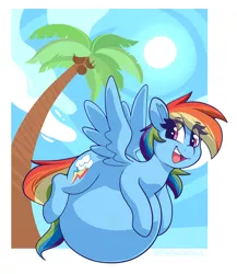 Size: 3465x4001 | Tagged: safe, artist:graphene, edit, rainbow dash, pegasus, pony, cute, dashabetes, eye clipping through hair, female, hyper, hyper belly, hyper pregnancy, image, impossibly large belly, mare, open mouth, open smile, palm tree, png, pregnant, pregnant edit, sky, smiling, solo, solo female, spread wings, sun, tree, wings