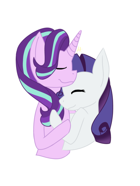 Size: 960x1280 | Tagged: safe, artist:rarityglimmer, derpibooru import, rarity, starlight glimmer, unicorn, curled mane, cute, eyes closed, female, image, lesbian, multicolored mane, pink coat, png, purple mane, shipping, smiling, starity