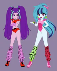 Size: 3293x4096 | Tagged: safe, artist:rileyav, derpibooru import, aria blaze, sonata dusk, equestria girls, arm warmers, clothes, cosplay, costume, crossed arms, crossover, duo, eye clipping through hair, female, fingerless gloves, five nights at freddy's, five nights at freddy's: security breach, glamrock chica, gloves, hand on hip, high res, hot pants, image, jpeg, leg warmers, leotard, looking at you, midriff, open mouth, open smile, purple background, roxanne wolf, shoes, shoulder pads, simple background, smiling, smiling at you, sneakers, tongue out