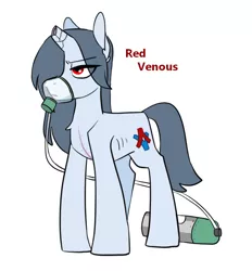 Size: 682x734 | Tagged: safe, artist:redxbacon, derpibooru import, oc, oc:red venus, pony, unicorn, blind, hair over one eye, image, oxygen mask, oxygen tank, png, ribs, scar, solo
