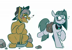 Size: 2048x1423 | Tagged: safe, artist:lrusu, derpibooru import, cloudy quartz, igneous rock pie, earth pony, pony, blush sticker, blushing, female, floating heart, glasses, heart, image, jpeg, male, mare, pickaxe, quartzrock, shipping, simple background, stallion, straight, white background, younger