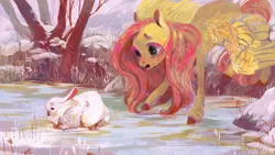 Size: 3840x2160 | Tagged: safe, artist:wolfiedrawie, derpibooru import, angel bunny, fluttershy, pegasus, pony, rabbit, animal, duo, eyelashes, female, help, ice, image, lake, looking at something, mare, open mouth, png, rescue, snow, spread wings, teary eyes, tree, unshorn fetlocks, wings, winter, worried