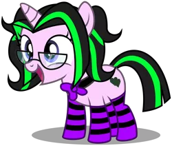 Size: 3330x2830 | Tagged: safe, artist:strategypony, derpibooru import, oc, oc:electric kisses, unofficial characters only, pony, unicorn, bowtie, clothes, cute, female, filly, foal, glasses, high res, horn, image, ocbetes, open mouth, open smile, png, shadow, simple background, smiling, socks, solo, striped mane, striped socks, transparent background, unicorn oc