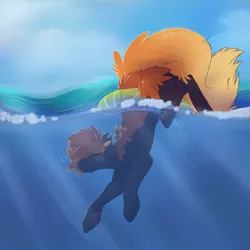 Size: 1280x1280 | Tagged: safe, artist:naughtyawoo, derpibooru import, oc, unofficial characters only, earth pony, pony, cloud, crepuscular rays, eyes closed, image, jpeg, male, ocean, orange mane, signature, sky, smiling, solo, stallion, sunlight, swimming, underwater, water