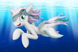 Size: 2998x2001 | Tagged: safe, artist:discorsaurus, derpibooru import, oc, unofficial characters only, hybrid, merpony, original species, pony, seapony (g4), shark, shark pony, blue eyes, bubble, dorsal fin, female, fins, flowing mane, freckles, image, jpeg, looking at you, mare, ocean, open mouth, open smile, request, smiling, solo, swimming, underwater, water