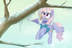 Size: 5400x3600 | Tagged: safe, artist:thebatfang, derpibooru import, rainbowshine, pegasus, pony, art pack:winter wrap pack, winter wrap up, clothes, cute, eye clipping through hair, female, flying, hammer, ice, icicle, image, mallet, mare, mouth hold, png, raised hoof, sky, smiling, solo, spread wings, tree, vest, wings