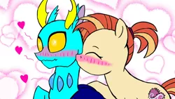 Size: 1280x720 | Tagged: safe, artist:gregory-the-griffon, derpibooru import, shimmy shake, oc, changedling, changeling, earth pony, blushing, canon x oc, heart, image, jpeg, kiss on the cheek, kissing, shipping