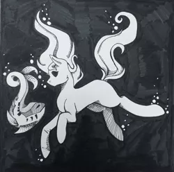 Size: 750x744 | Tagged: safe, artist:amberlight101, derpibooru import, oc, unofficial characters only, earth pony, fish, pony, black and white, black background, bubble, fish tail, flowing mane, flowing tail, grayscale, image, ink drawing, jpeg, looking at each other, looking at someone, monochrome, ocean, simple background, solo, swimming, tail, traditional art, underwater, water