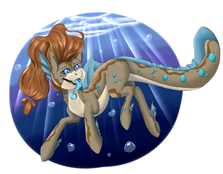 Size: 1412x1102 | Tagged: safe, artist:crecious, derpibooru import, oc, unofficial characters only, hybrid, merpony, original species, shark, shark pony, blue eyes, brown mane, bubble, crepuscular rays, deviantart watermark, dorsal fin, fangs, image, obtrusive watermark, ocean, png, simple background, smiling, solo, sunlight, swimming, teeth, tongue out, transparent background, underwater, water, watermark