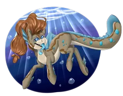 Size: 1412x1102 | Tagged: safe, artist:crecious, derpibooru import, oc, unofficial characters only, hybrid, merpony, original species, shark, shark pony, blue eyes, brown mane, bubble, crepuscular rays, deviantart watermark, dorsal fin, fangs, image, obtrusive watermark, ocean, png, simple background, smiling, solo, sunlight, swimming, teeth, tongue out, transparent background, underwater, water, watermark
