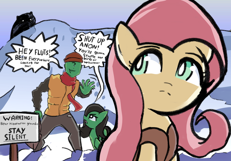 Size: 2388x1668 | Tagged: artist needed, safe, derpibooru import, fluttershy, oc, oc:anon, oc:anonfilly, bear, earth pony, human, pegasus, pony, art pack:winter wrap pack, winter wrap up, clothes, coat, dialogue, female, filly, foal, hat, image, looking back, mare, open mouth, png, scarf, sign, snow, talking, this will end in death, this will end in pain, vest, warning sign, yelling