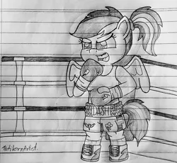 Size: 1280x1178 | Tagged: safe, artist:ct1443ae, derpibooru import, rainbow dash, pegasus, semi-anthro, boxing, boxing gloves, boxing ring, boxing shorts, clothes, image, jpeg, lined paper, mouth guard, open mouth, pencil drawing, shoes, shorts, solo, sports, traditional art