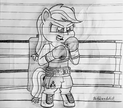 Size: 1280x1120 | Tagged: safe, artist:ct1443ae, derpibooru import, applejack, earth pony, semi-anthro, boxing, boxing gloves, boxing ring, boxing shorts, clothes, image, jpeg, lined paper, mouth guard, open mouth, pencil drawing, shoes, shorts, solo, sports, traditional art