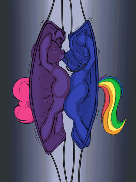 Size: 3368x4500 | Tagged: questionable, artist:june34rd, derpibooru import, pinkie pie, rainbow dash, earth pony, pegasus, pony, ballgag, belly, belly squish, bondage, captive, dashsub, duo, duo female, female, femsub, gag, image, latex, motion lines, nonconsensual, pinkiesub, png, rubber, struggling, submissive, suspended, suspension bondage, tail, trapped, vacuum bed
