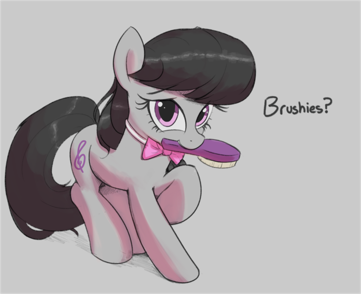 Size: 3674x3000 | Tagged: safe, artist:vultraz, derpibooru import, octavia melody, earth pony, pony, bowtie, brush, brush request, brushie, cute, cutie mark, female, gray background, hairbrush, image, looking at you, mare, mouth hold, png, raised hoof, simple background, smiling, solo, tavibetes, text