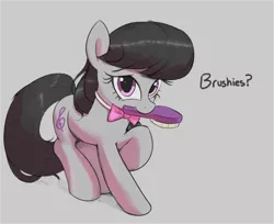 Size: 3674x3000 | Tagged: safe, artist:vultraz, derpibooru import, octavia melody, earth pony, pony, bowtie, brush, brushie, cute, cutie mark, female, gray background, hairbrush, image, looking at you, mare, mouth hold, png, raised hoof, simple background, smiling, solo, tavibetes, text