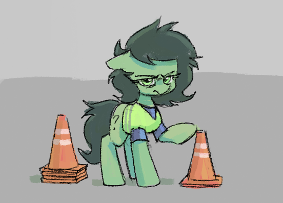 Size: 552x396 | Tagged: safe, artist:plunger, derpibooru import, oc, oc:anonfilly, unofficial characters only, pony, angry, bags under eyes, clothes, cone, construction pony, eyebrows, female, filly, floppy ears, image, looking at you, png, pun, question mark, raised hoof, safety vest, simple background, solo, traffic cone, wordplay