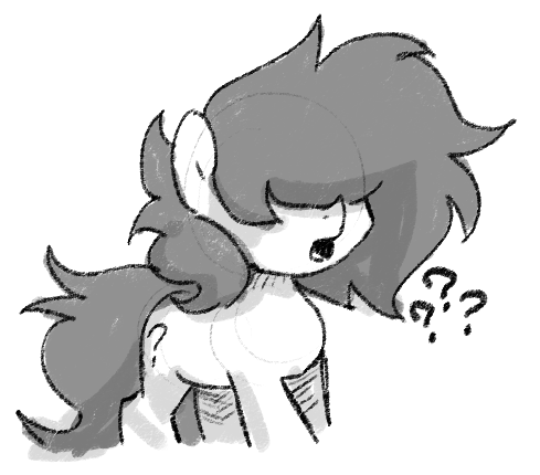 Size: 489x430 | Tagged: safe, artist:plunger, derpibooru import, oc, oc:anonfilly, unofficial characters only, earth pony, pony, confused, earth pony oc, female, filly, gasp, grayscale, hair covering face, hair over eyes, image, monochrome, open mouth, png, question mark, simple background, solo, standing, white background