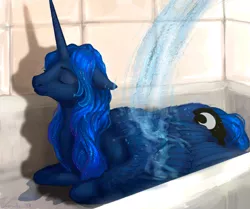 Size: 1574x1319 | Tagged: safe, artist:lusille, derpibooru import, princess luna, alicorn, pony, fanfic, fanfic:moon rise, :t, bath, bathroom, bathtub, beautiful, butt fluff, chest fluff, cute, ear fluff, ethereal mane, eyes closed, fanfic art, female, floppy ears, fluffy, image, jpeg, leg fluff, lying down, mare, missing accessory, prone, relaxing, shoulder fluff, shower, smiling, solo, starry mane, water, wet, wet mane, wing fluff, wings