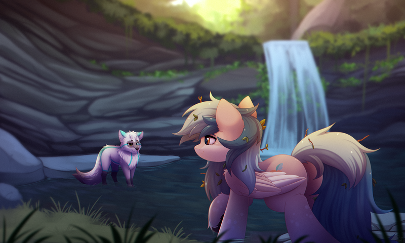 Size: 2000x1200 | Tagged: safe, artist:dinoalpaka, derpibooru import, oc, oc:peacher, unofficial characters only, pegasus, pony, wolf, butt, commission, female, image, male, mare, png, waterfall, wings