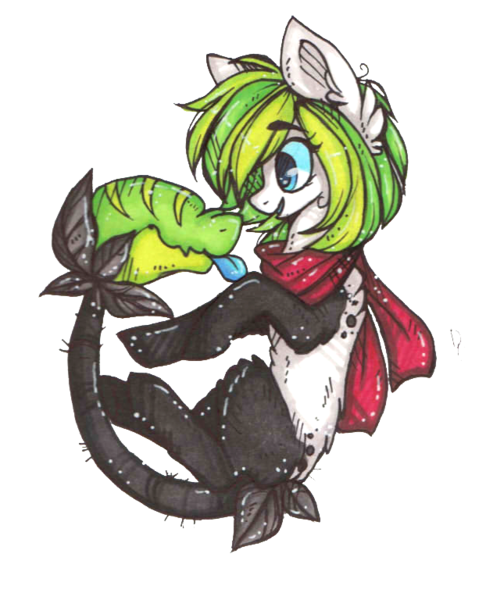 Size: 622x768 | Tagged: safe, artist:tay-niko-yanuciq, derpibooru import, oc, unofficial characters only, original species, plant pony, pony, :p, augmented, augmented tail, clothes, ear fluff, image, plant, png, scarf, simple background, smiling, tail, tongue out, transparent background
