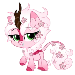 Size: 1000x1000 | Tagged: safe, artist:lupulrafinat, derpibooru import, oc, unofficial characters only, kirin, bedroom eyes, chibi, eyelashes, flower, flower in hair, image, kirin oc, png, raised hoof, simple background, smiling, solo, transparent background