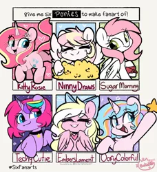 Size: 1042x1142 | Tagged: safe, artist:sakukitty, derpibooru import, oc, oc:bay breeze, oc:ninny, oc:oofy colorful, oc:rosa flame, oc:sugar morning, oc:techy twinkle, unofficial characters only, pegasus, pony, unicorn, six fanarts, bow, eyes closed, female, flower, flower in hair, folded wings, grin, hair bow, horn, image, jpeg, mare, open mouth, open smile, pegasus oc, raised hoof, smiling, spread wings, unicorn oc, wings