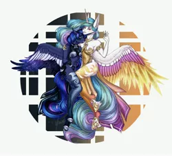 Size: 4434x4000 | Tagged: safe, artist:aqualit, derpibooru import, princess celestia, princess luna, alicorn, anthro, pony, armor, blue eyes, blue mane, breasts, brony, digital art, ear fluff, fanart, feather, female, flowing mane, full body, gem, hoof shoes, horn, image, jewelry, jpeg, lidded eyes, lineart, looking at you, mare, my little pony, necklace, not porn, pink eyes, regalia, royal sisters, siblings, signature, simple background, sisters, spread wings, teeth, white background, wings