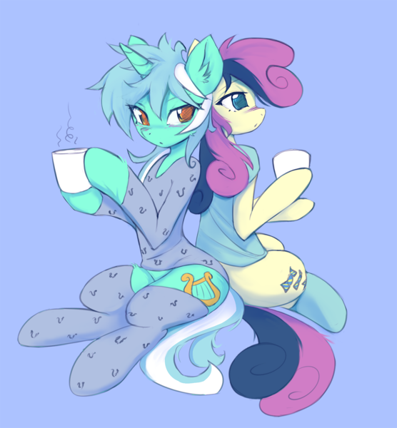 Size: 1241x1339 | Tagged: safe, artist:fajeh, derpibooru import, bon bon, lyra heartstrings, sweetie drops, earth pony, pony, semi-anthro, unicorn, clothes, cup, duo, eye clipping through hair, eyebrows, female, image, lesbian, lyrabon, mare, pajamas, png, shipping, shirt, sitting, socks