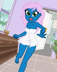 Size: 478x597 | Tagged: safe, artist:noreencreatesbases, derpibooru import, oc, oc:radiant rail, equestria girls, background, bathroom, equestria girls-ified, image, jpeg, running, towel