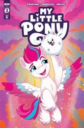 Size: 2063x3131 | Tagged: safe, artist:robin easter, derpibooru import, idw, official, cloudpuff, zipp storm, dog, pegasus, pomeranian, pony, my little pony: a new generation, spoiler:comic, spoiler:g5comic, spoiler:g5comic03, colored wings, comic, comic cover, duo, duo male and female, eyebrows, female, flying, flying pomeranian, g5, high res, image, male, mare, multicolored wings, my little pony logo, open mouth, open smile, png, smiling, spread wings, text, tongue out, winged dog, wings