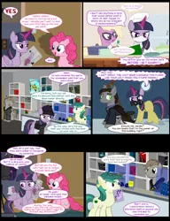 Size: 1042x1358 | Tagged: safe, artist:dendoctor, derpibooru import, daring do, grace manewitz, mean twilight sparkle, pinkie pie, starlight glimmer, twilight sparkle, twilight sparkle (alicorn), alicorn, bat pony, earth pony, pegasus, pony, unicorn, comic:clone.., alternate universe, book, clock, clone, clothes, comic, face mask, female, glasses, glow, glowing horn, hat, horn, image, jpeg, magic, male, mask, newspaper, pan, pinkie clone, plate, pointy ponies, quill, telekinesis