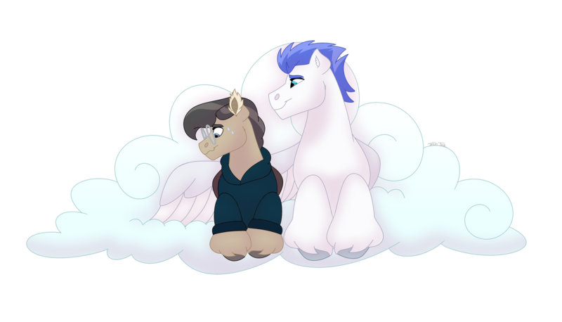 Size: 1280x732 | Tagged: safe, artist:itstechtock, derpibooru import, oc, oc:swift wing, oc:waxing lyrical, bat pony, pony, cloud, glasses, image, lying down, male, png, prone, simple background, stallion, transparent background