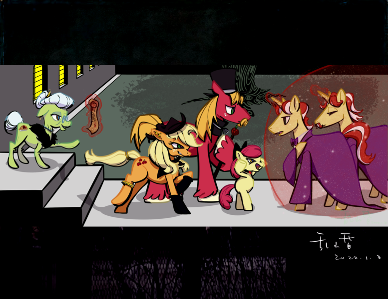 Size: 4096x3162 | Tagged: safe, artist:luansh, derpibooru import, idw, apple bloom, applejack, big macintosh, flam, flim, granny smith, earth pony, pony, unicorn, reflections, spoiler:comic, alternate universe, brothers, dark mirror universe, female, filly, flim flam brothers, foal, force field, image, male, mare, png, siblings, stallion