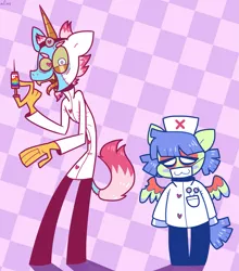 Size: 1973x2237 | Tagged: safe, artist:spritecranbirdie, derpibooru import, oc, oc:dr rainbowz, oc:nurse luvz, unofficial characters only, anthro, pegasus, pony, undead, unicorn, zombie, zombie pony, anorexic, anthro oc, beard, checkered background, clothes, coat, colored wings, doctor, duo, face mask, facial hair, female, gloves, hat, heart, heart eyes, image, lab coat, long tongue, male, mask, multicolored wings, needle, no pupils, nurse, nurse hat, nurse outfit, patterned background, png, rainbow, sharp teeth, stitches, syringe, teeth, tongue out, unkempt mane, wingding eyes, wings