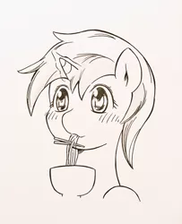 Size: 1666x2048 | Tagged: safe, artist:auntie_grub, derpibooru import, unicorn, bowl, chopsticks, eating, food, horn, image, jpeg, magic, noodles, solo, telekinesis