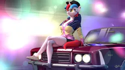 Size: 1920x1080 | Tagged: safe, artist:anthroponiessfm, derpibooru import, oc, oc:audina puzzle, anthro, plantigrade anthro, 3d, anthro oc, car, clothes, cosplay, costume, crossed legs, cute, ear piercing, earring, female, glasses, hoodie, image, jewelry, piercing, png, shoes, shorts, source filmmaker