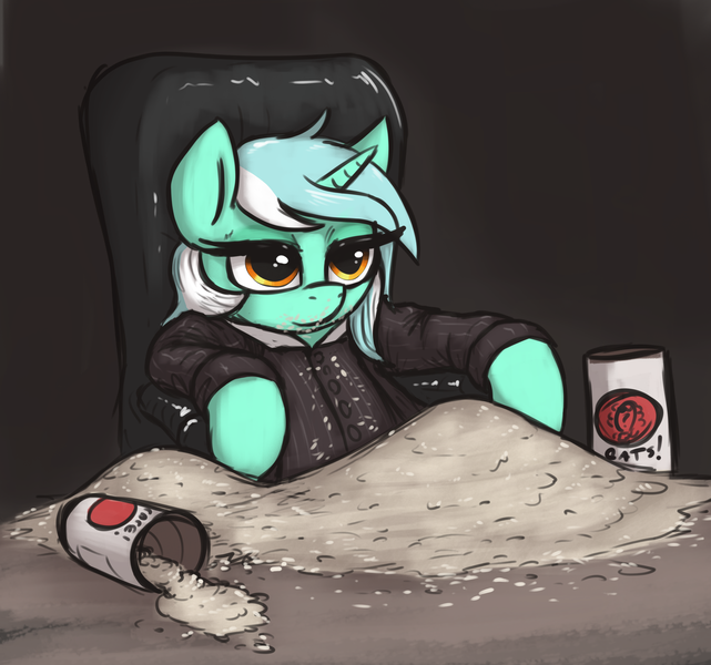 Size: 2634x2466 | Tagged: safe, artist:t72b, derpibooru import, lyra heartstrings, ponified, pony, unicorn, chair, clothes, female, food, image, l.u.l.s., mare, oats, png, scarface, scene interpretation, sitting, solo, suit