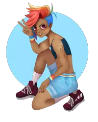 Size: 4000x5000 | Tagged: safe, artist:altarichiru, derpibooru import, rainbow dash, human, alternate hairstyle, belt, clothes, cute, cutie mark on human, cutie mark tattoo, dark skin, dashabetes, ear piercing, earring, female, grin, humanized, image, jewelry, nail polish, piercing, png, shoes, shorts, simple background, smiling, sneakers, socks, solo, sports bra, tattoo, transparent background