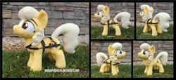 Size: 3840x1754 | Tagged: safe, artist:peruserofpieces, derpibooru import, oc, oc:carousel, unofficial characters only, earth pony, pony, beanie (plushie), female, harness, image, irl, mare, photo, plushie, png, smiling, solo, standing, tack