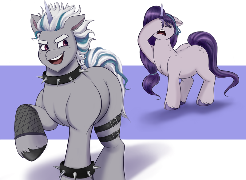 Size: 2455x1800 | Tagged: safe, artist:sallylla, derpibooru import, oc, oc:mallow mist, pony, unicorn, my little pony: a new generation, alphabittle blossomforth, alternate hairstyle, bracelet, butt freckles, choker, chubby, clothes, drama queen, duo, dyed mane, eyebrows, eyes closed, facehoof, female, fishnets, floppy ears, freckles, frustrated, g5, gloves, hairband, hooves, i've failed as a parent, image, it's a phase, it's not a phase, leather straps, leg band, looking back, male, mare, mother, mother and child, mother and son, mothers gonna mother, open mouth, open smile, parent, png, punk, raised hoof, rebel, rebellious teen, simple background, smiling, smug, spiked choker, spiked wristband, stallion, standing, tail, teenager, teeth, unshorn fetlocks, walking, wristband, younger