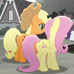 Size: 482x488 | Tagged: safe, derpibooru import, screencap, applejack, fluttershy, rarity, rainbow roadtrip, butt, cropped, image, plot, png