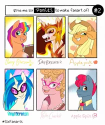 Size: 1423x1695 | Tagged: safe, artist:aztrial, derpibooru import, apple split, applejack, daybreaker, phyllis cloverleaf, sunny starscout, vinyl scratch, alicorn, earth pony, unicorn, six fanarts, apple family member, book, collar, fangs, g5, glasses, image, jewelry, journal, jpeg, mane of fire, necklace, one eye closed, pearl necklace, unshorn fetlocks, vinyl's glasses, wink