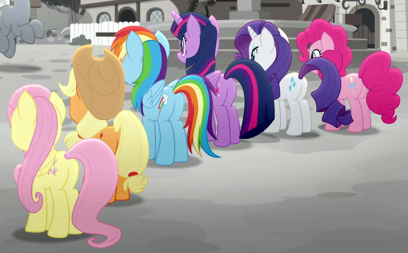 Size: 911x565 | Tagged: safe, derpibooru import, screencap, applejack, fluttershy, pinkie pie, rainbow dash, rarity, sunny skies, twilight sparkle, rainbow roadtrip, butt, cropped, image, mane six, plot, png