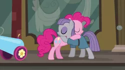 Size: 1280x720 | Tagged: safe, derpibooru import, screencap, maud pie, pinkie pie, earth pony, pony, season 6, the gift of the maud pie, duo, duo female, female, image, mare, png, sibling love, sisterly love, smiling, when she smiles