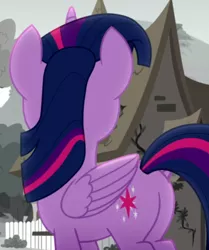 Size: 574x685 | Tagged: safe, derpibooru import, screencap, twilight sparkle, twilight sparkle (alicorn), alicorn, pony, rainbow roadtrip, butt, cropped, female, folded wings, image, mare, outdoors, plot, png, solo, wings