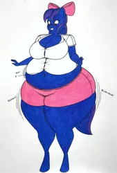 Size: 2394x3539 | Tagged: suggestive, artist:thaliaglacyswells, derpibooru import, oc, oc:sundae shake, anthro, belly, blueberry inflation, button popping, image, inflation, jpeg, sequence, thighs, traditional art
